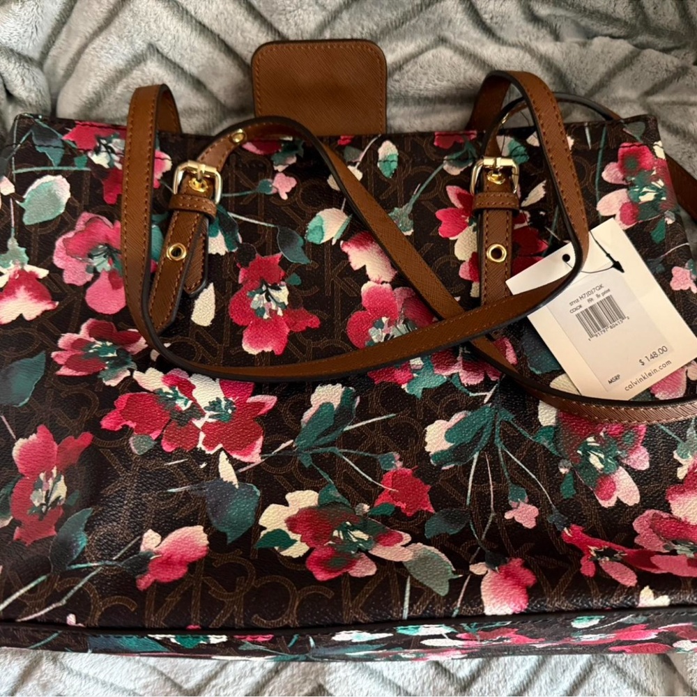 Calvin Klein Floral Tote with Brown Straps
